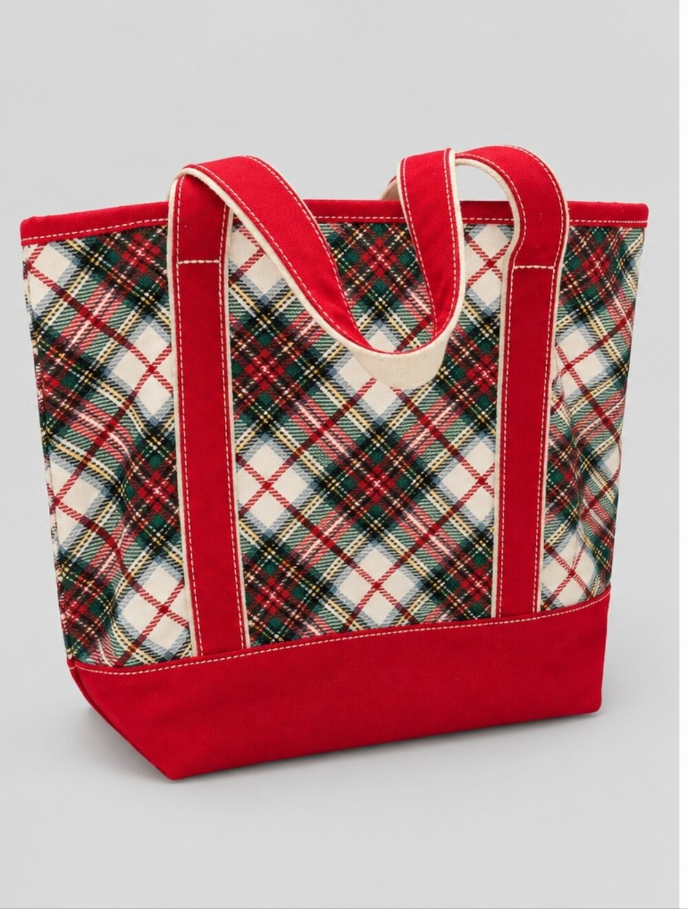 Lands End Plaid Canvas Tote Bag with Red Trim